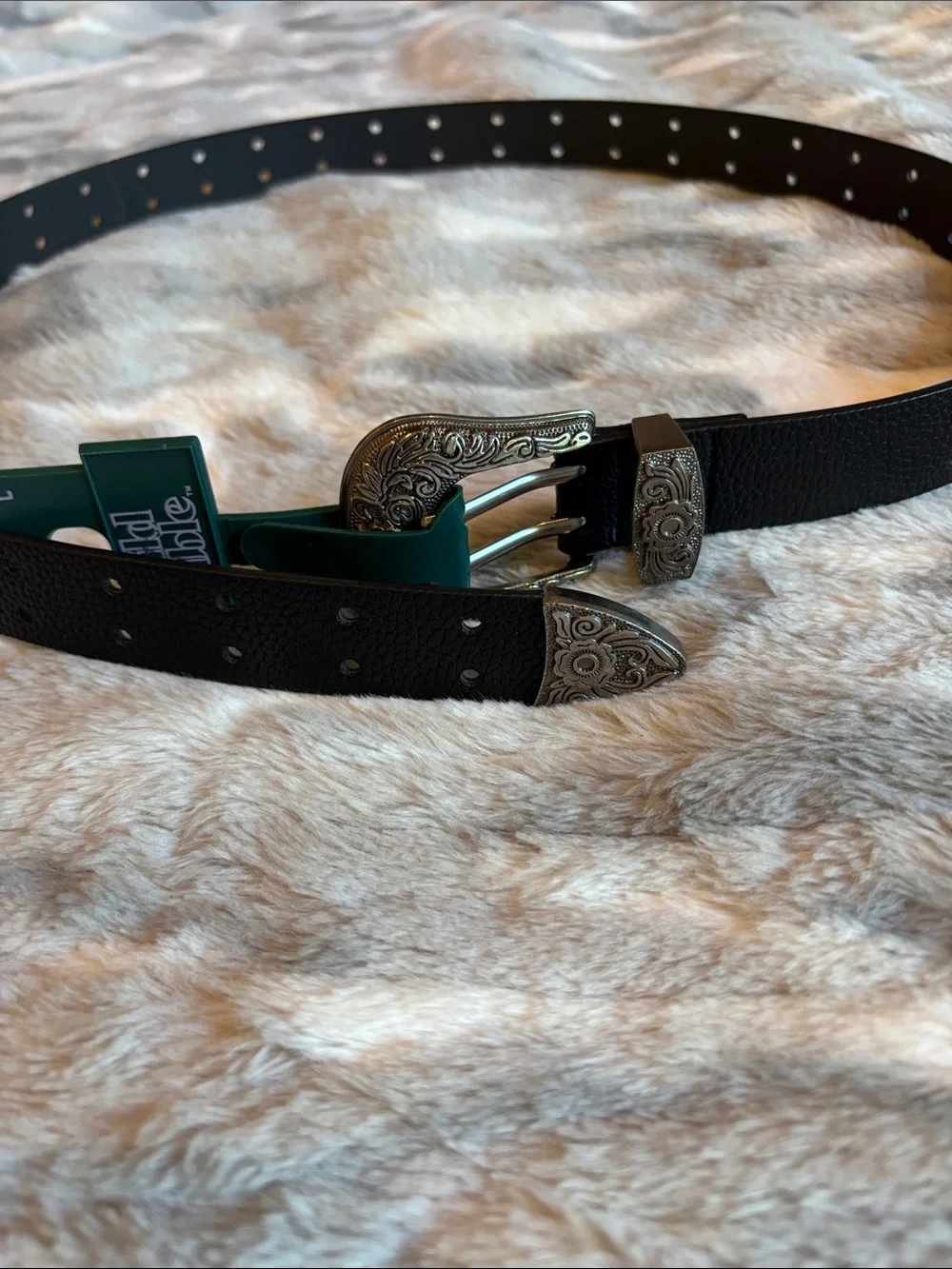 wild fable Black Western-Style Belt with Ornate Silver-Tone Buckle